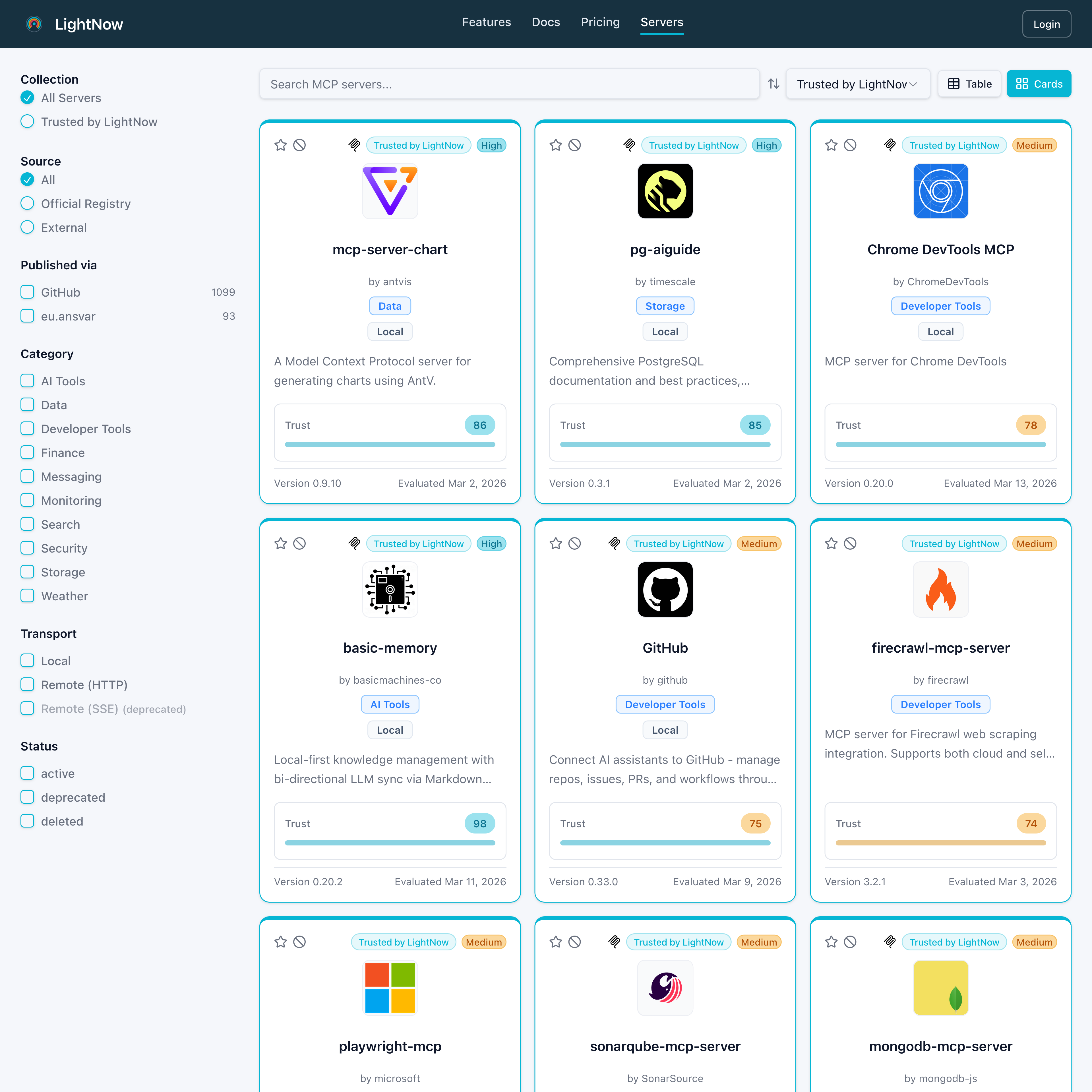 LightNow Registry-Übersicht mit gelisteten MCP-Servern