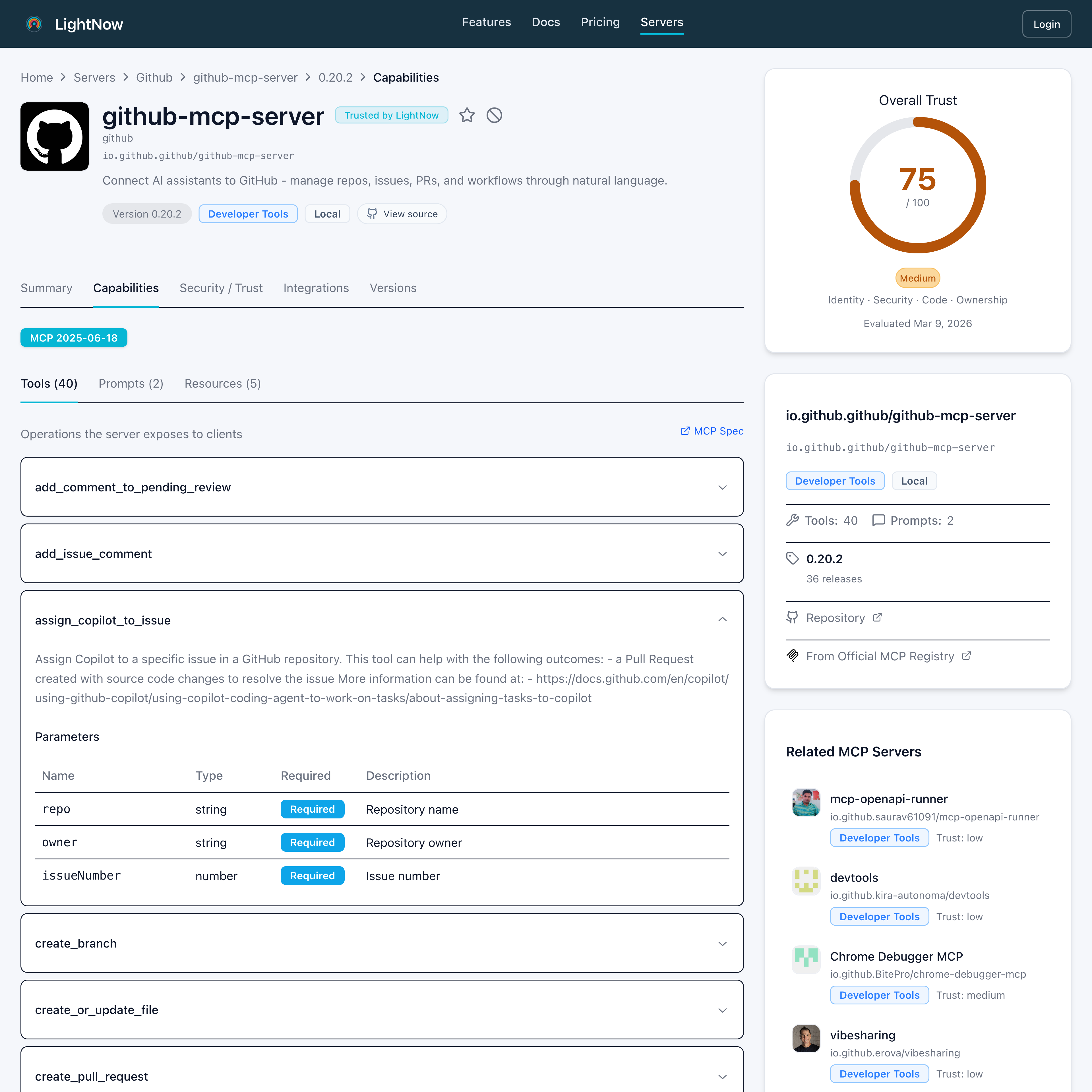 LightNow Detailansicht eines Servers mit Metadaten und Trust-Informationen