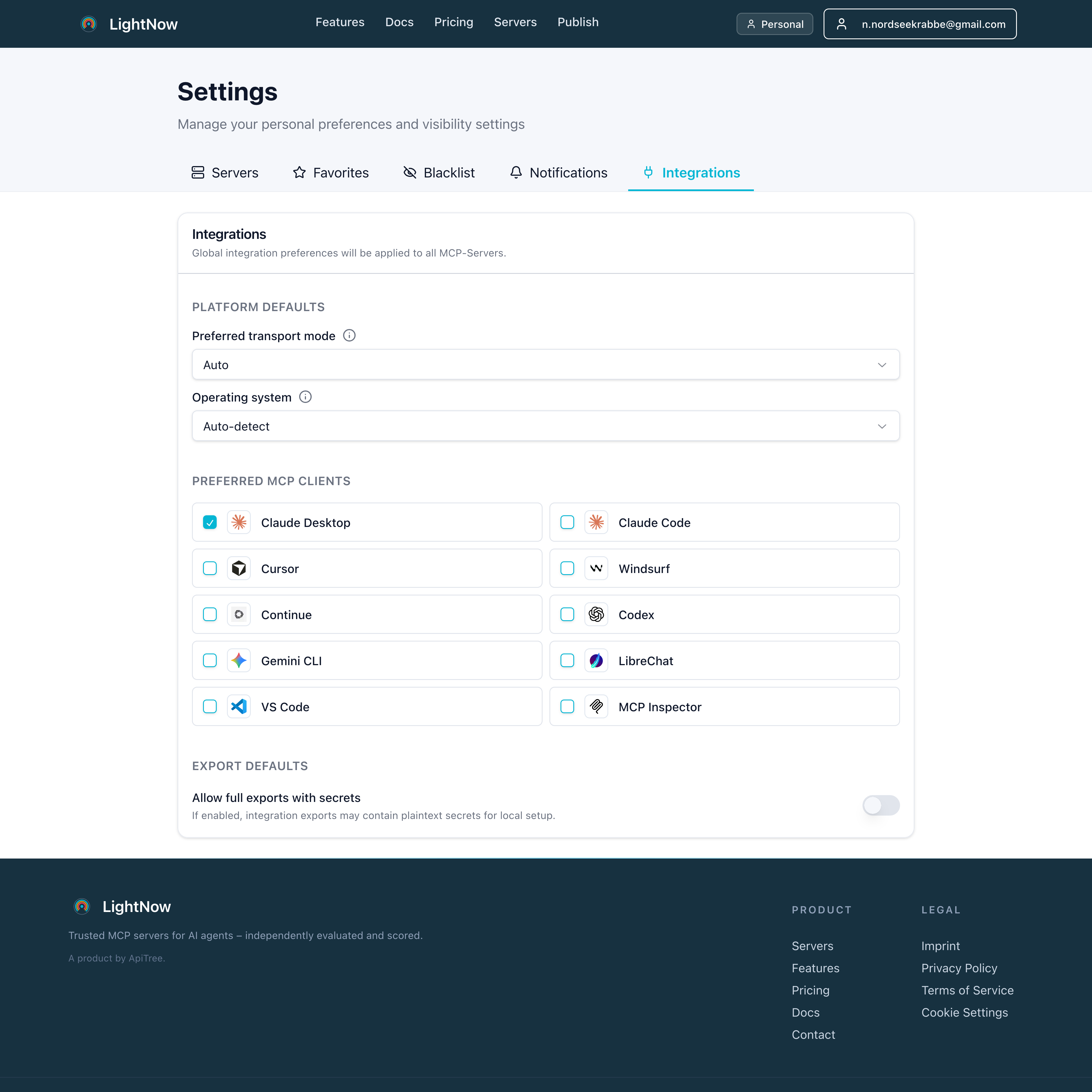 LightNow Einstellungsbereich für Konfiguration und Governance